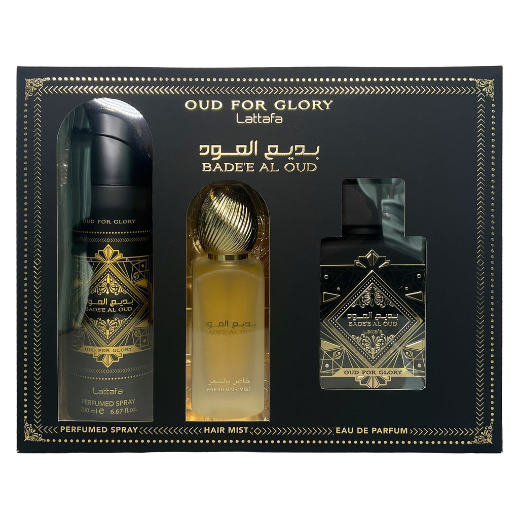 Lattafa Bade'e Al Oud For Glory 3-Piece Set 3.4oz EDP Spray — 1